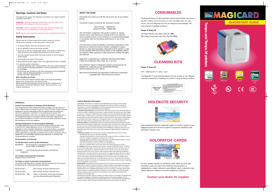 Cleaning kits, Holokote security, Holopatch | Cards, Consumables, Quickstart guide, Contact your dealer for supplies | Ultra electronic Tempo M User Manual | Page 2 / 2