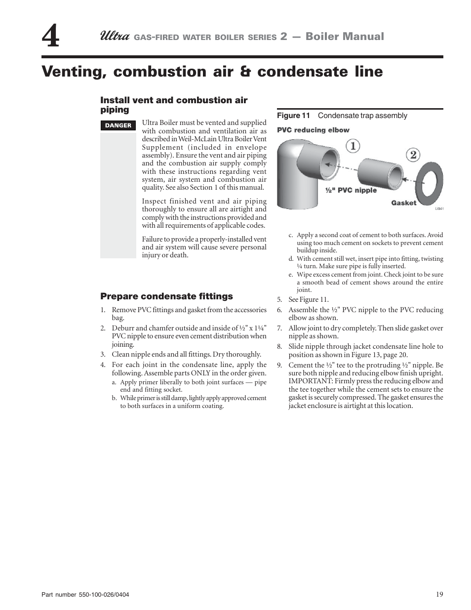 Venting, combustion air & condensate line, 2 — boiler manual | Ultra electronic -155 User Manual | Page 19 / 44