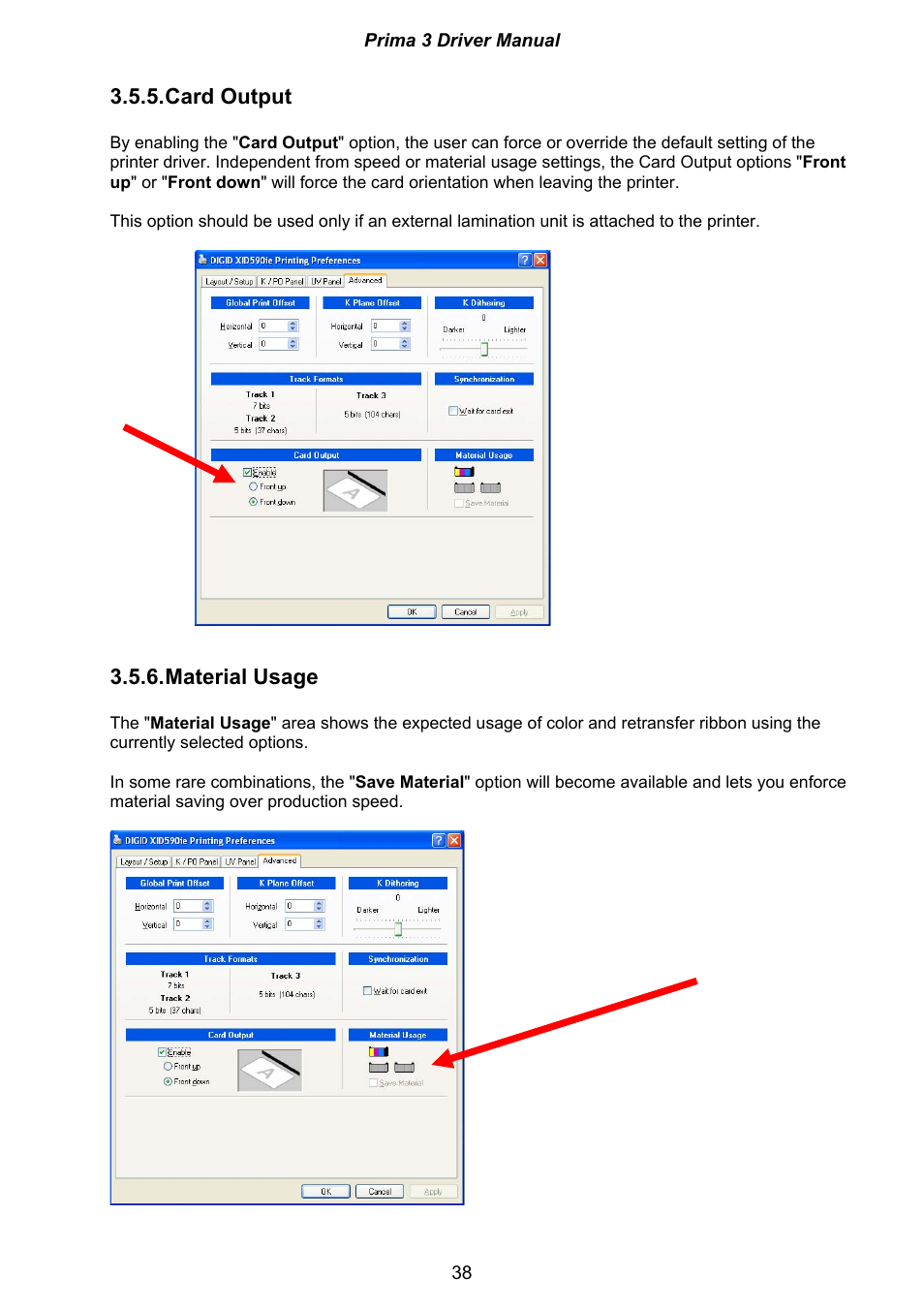 Card output, Material usage | Ultra electronic Prima 3 XID590ie User Manual | Page 38 / 82