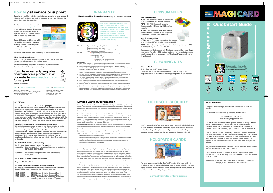 Quickstart guide, How to get service or support, Consumables | Cleaning kits, Warranty, Holokote security, Holopatch cards, Limited warranty information, Contact your dealer for supplies | Ultra electronic Alto/M User Manual | Page 2 / 2