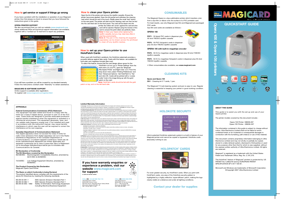 Quickstart guide, Cleaning kits, Holokote security | Holopatch, Cards, Contact your dealer for supplies, Consumables | Ultra electronic Magicard Opera 100 User Manual | Page 2 / 2