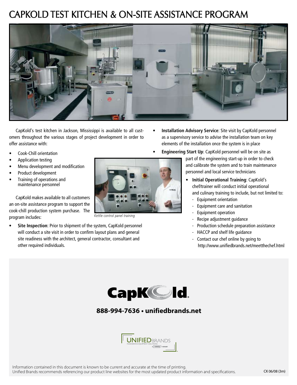 Capkold test kitchen & on-site assistance program | Unified Brands Cook-Chill Production Systems User Manual | Page 8 / 8