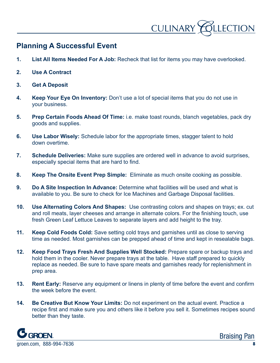 Kettle, Braising pan, Steamer | Convection combo steamer oven, Planning a successful event | Unified Brands Groen Braising Pan User Manual | Page 8 / 80