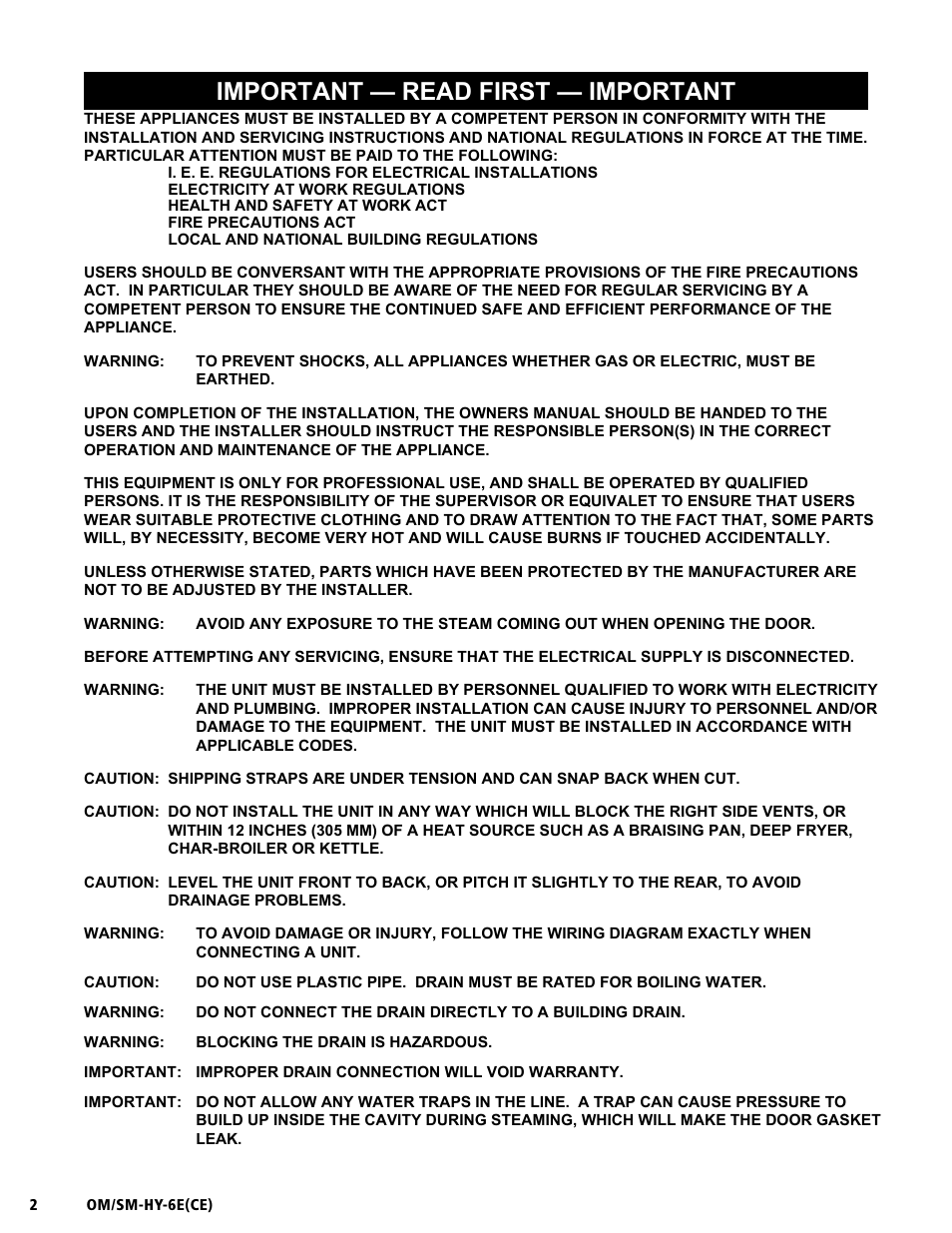Important — read first — important, Om/sm-hy-6e(ce) | Unified Brands HYPERSTEAM HY-6E(CE) User Manual | Page 2 / 34