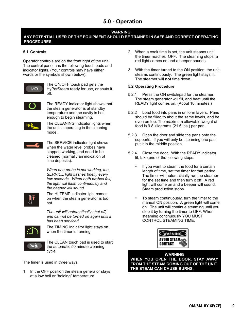 Om/sm-hy-6e(ce), 0 - operation | Unified Brands HYPERSTEAM HY-6E(CE) User Manual | Page 9 / 34