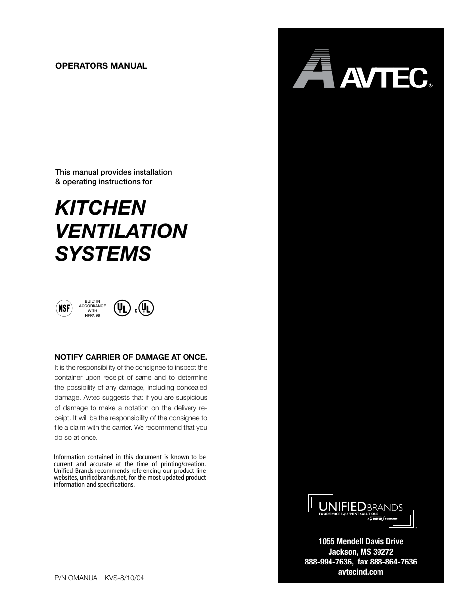 Unified Brands Kitchen Ventilation Systems User Manual | 16 pages