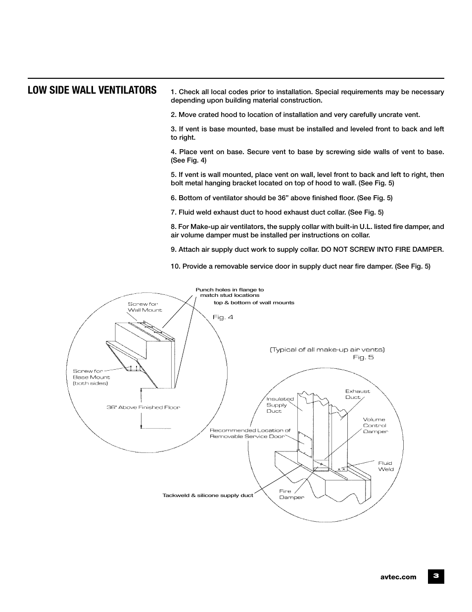 Installation instructions, Low side wall ventilators | Unified Brands Kitchen Ventilation Systems User Manual | Page 5 / 16