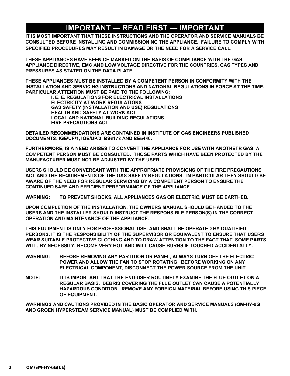 Important — read first — important, Om/sm-hy-6g(ce) | Unified Brands HYPERSTEAM HY-6G(CE) User Manual | Page 2 / 37