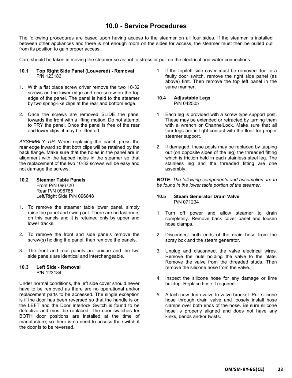 Om/sm-hy-6g(ce), 0 - service procedures | Unified Brands HYPERSTEAM HY-6G(CE) User Manual | Page 23 / 37