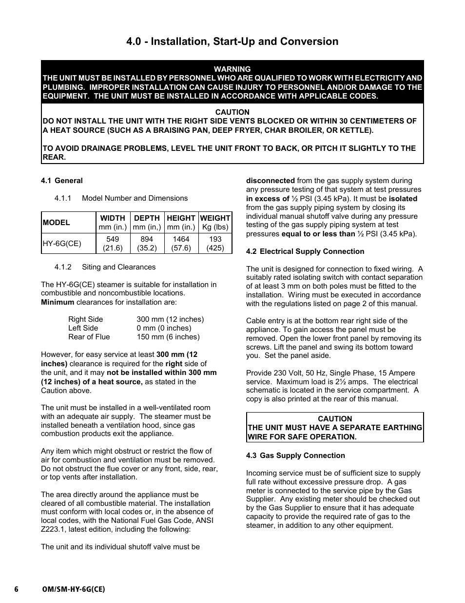 Om/sm-hy-6g(ce), 0 - installation, start-up and conversion | Unified Brands HYPERSTEAM HY-6G(CE) User Manual | Page 6 / 37