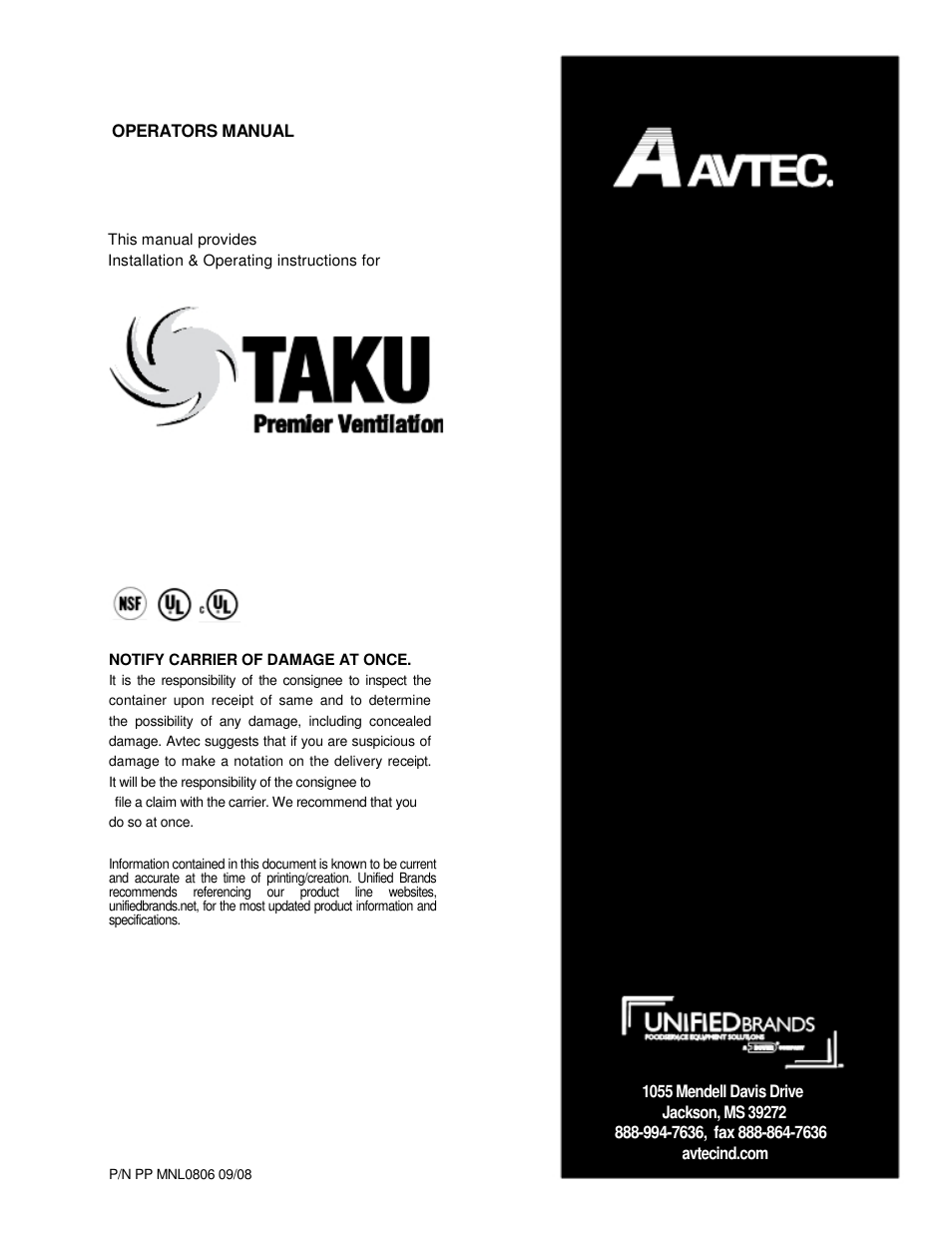 Unified Brands TAKU Premier Ventilation User Manual | 12 pages