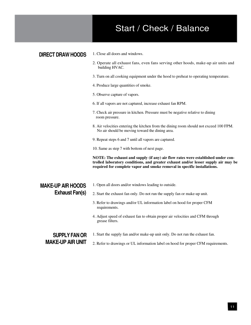 Start / check / balance | Unified Brands TAKU Premier Ventilation User Manual | Page 11 / 12