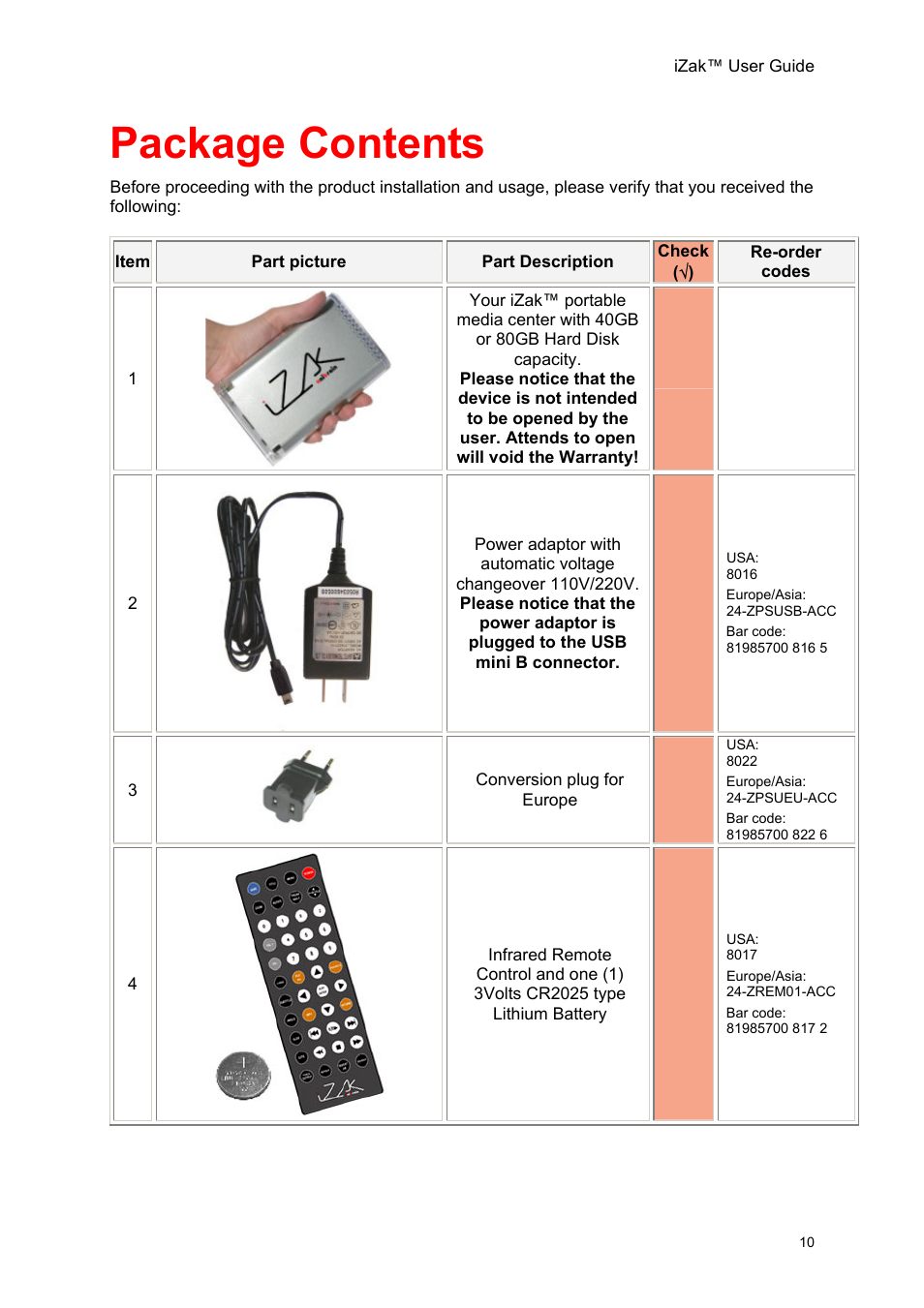 Package contents | Unibrain iZak User Manual | Page 10 / 42