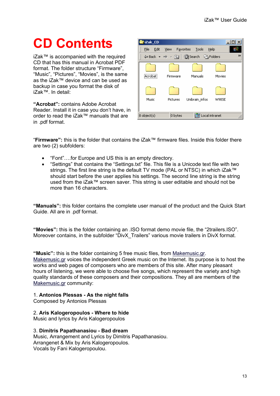 Cd contents | Unibrain iZak User Manual | Page 13 / 42