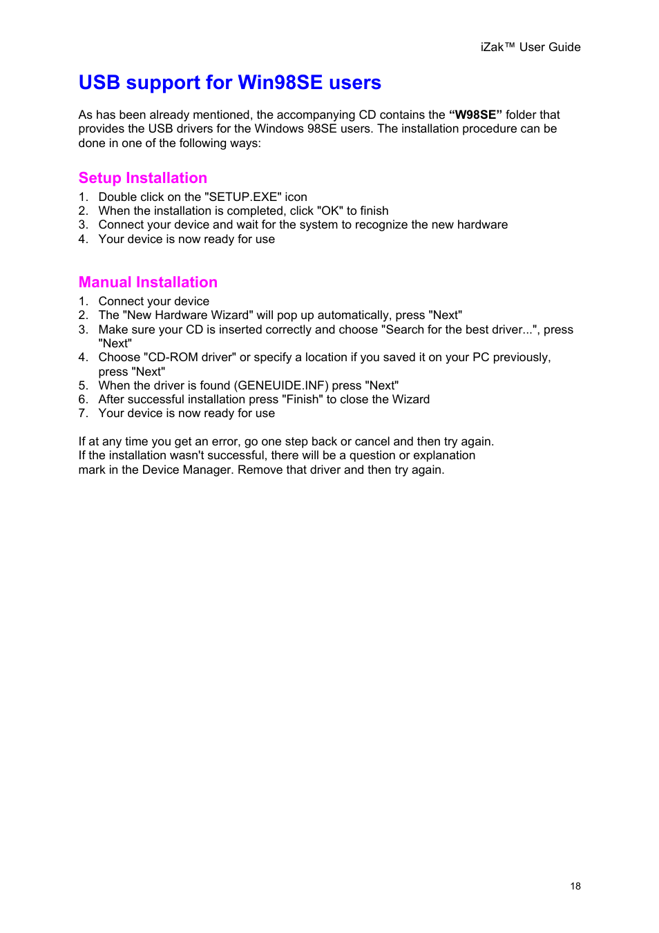 Usb support for win98se users, Setup installation, Manual installation | Support for, 98se, Users, Etup, Nstallation, Anual | Unibrain iZak User Manual | Page 18 / 42