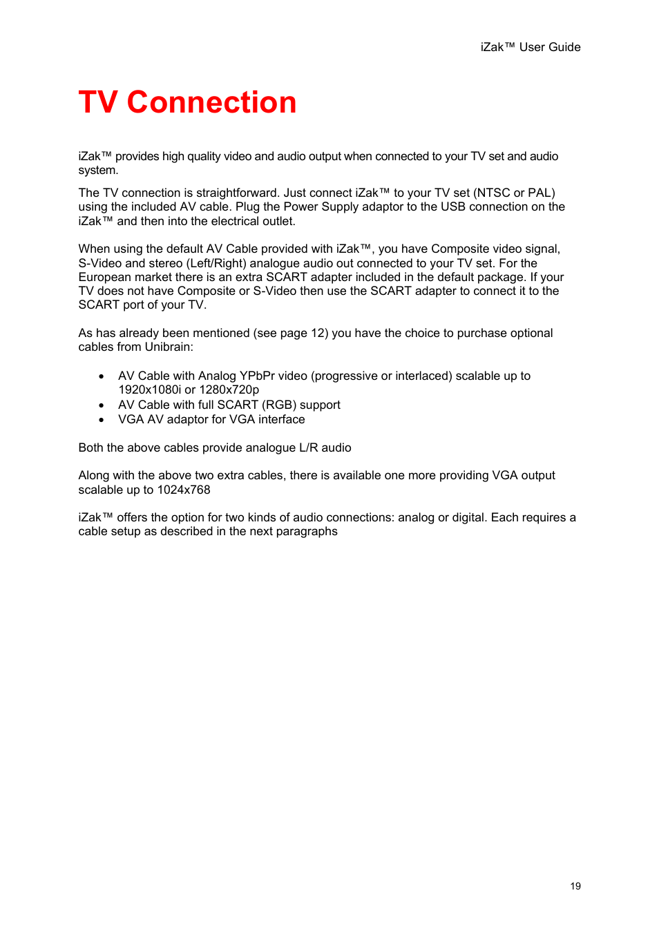 Tv connection | Unibrain iZak User Manual | Page 19 / 42