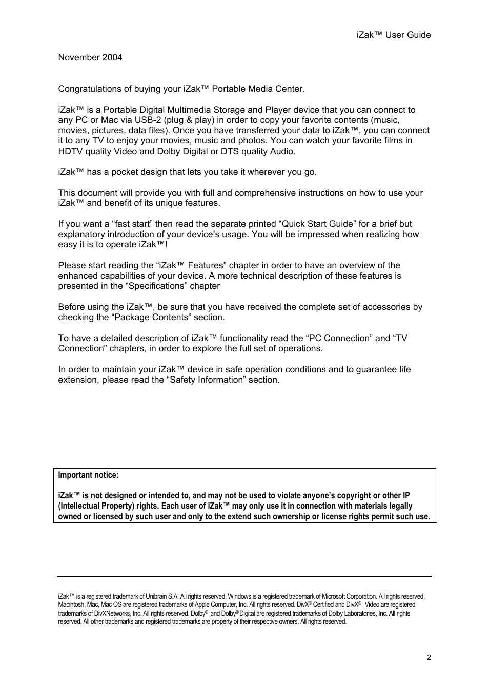 Unibrain iZak User Manual | Page 2 / 42