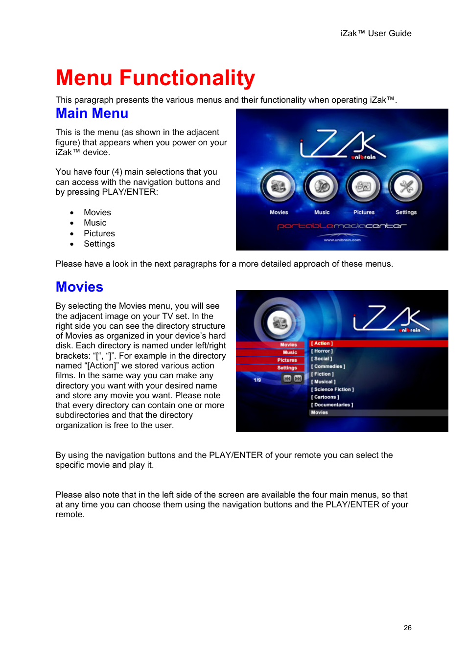 Menu functionality, Main menu, Movies | Ovies | Unibrain iZak User Manual | Page 26 / 42