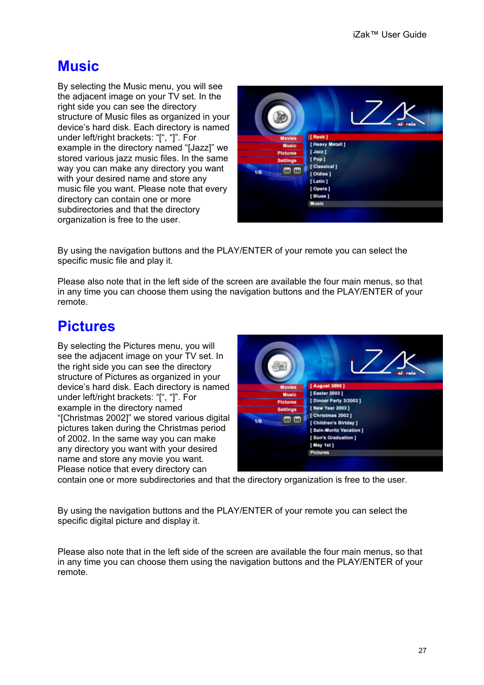 Music, Pictures, Usic | Ictures | Unibrain iZak User Manual | Page 27 / 42