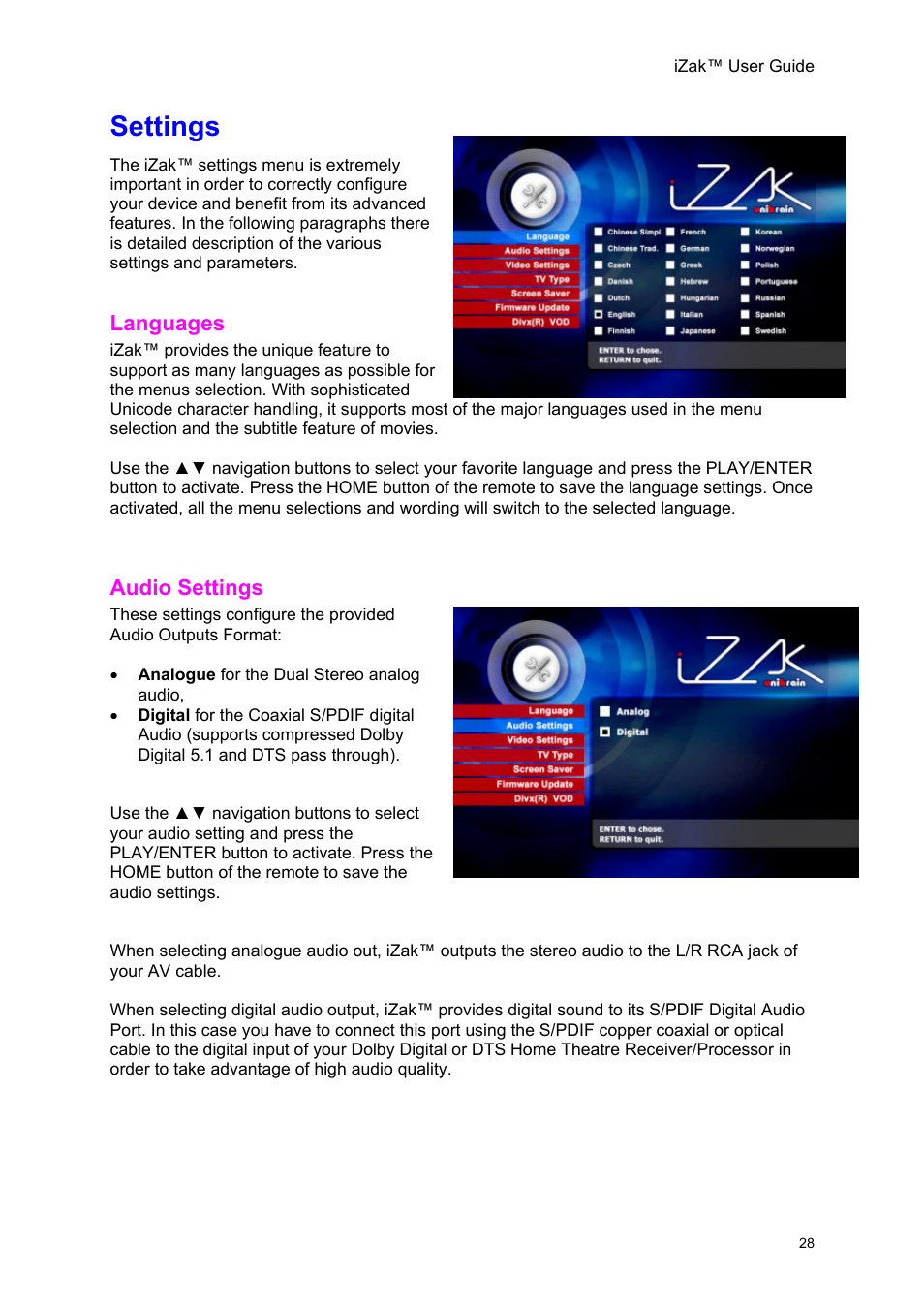 Settings, Languages, Audio settings | Ettings, Anguages, Udio | Unibrain iZak User Manual | Page 28 / 42