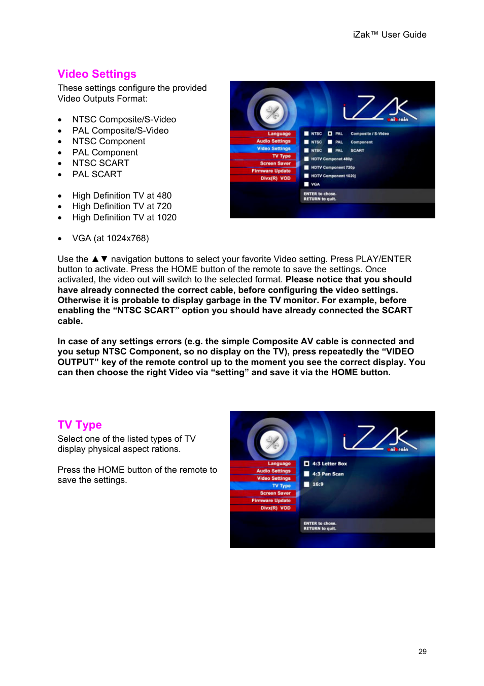 Video settings, Tv type, Ideo | Ettings | Unibrain iZak User Manual | Page 29 / 42