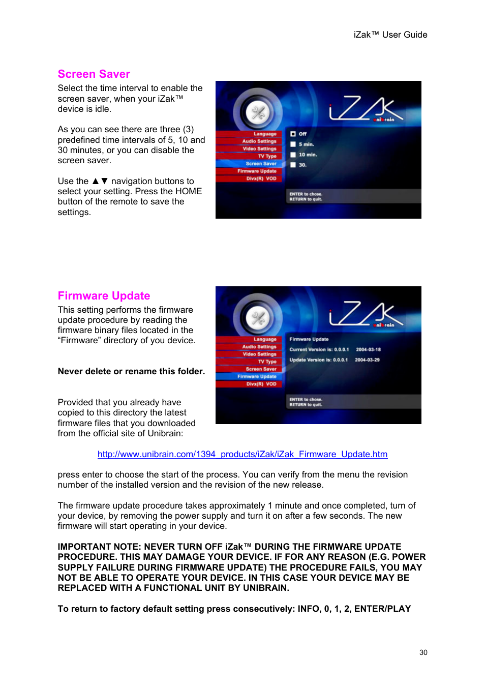 Screen saver, Firmware update, Creen | Aver, Irmware, Pdate | Unibrain iZak User Manual | Page 30 / 42