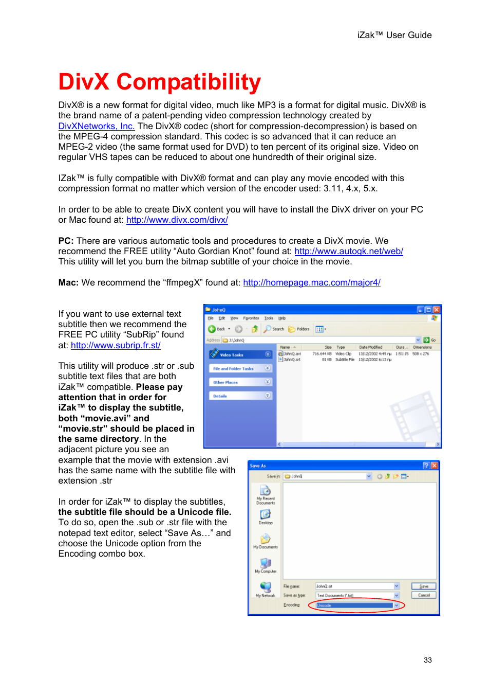 Divx compatibility | Unibrain iZak User Manual | Page 33 / 42