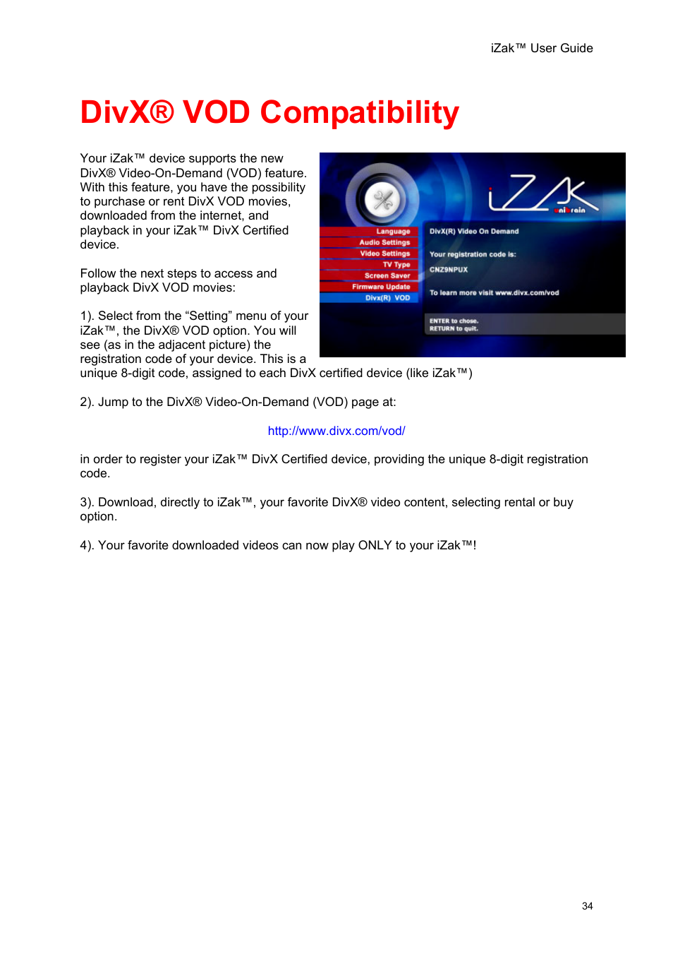 Divx® vod compatibility | Unibrain iZak User Manual | Page 34 / 42