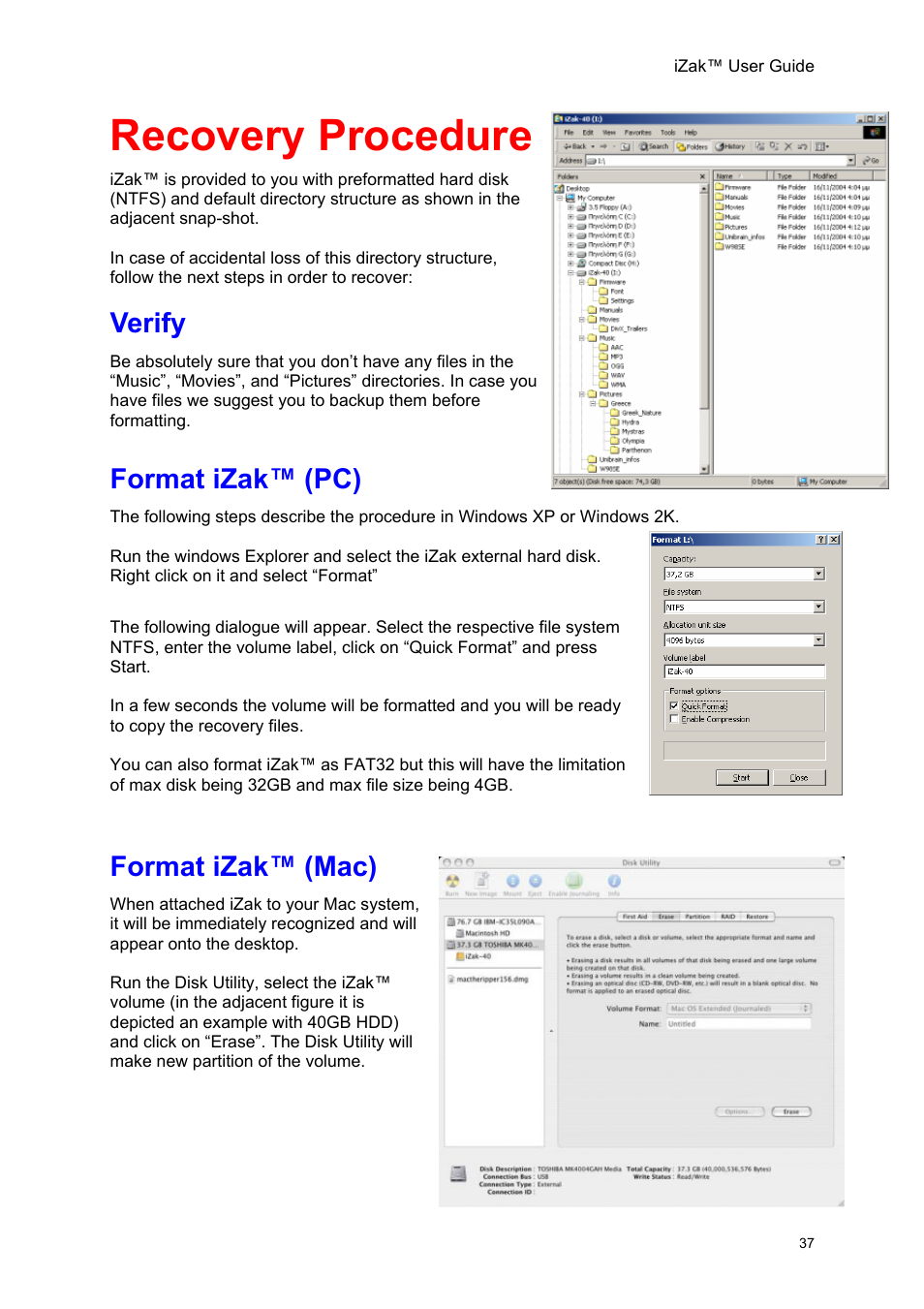 Recovery procedure, Verify, Format izak™ \(pc\) | Format izak™ \(mac\), Erify, Ormat i, Format izak™ (pc), Format izak™ (mac) | Unibrain iZak User Manual | Page 37 / 42
