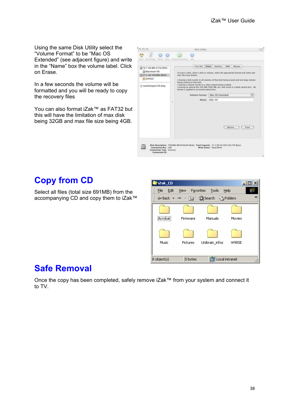 Copy from cd, Safe removal, Opy from | Emoval | Unibrain iZak User Manual | Page 38 / 42