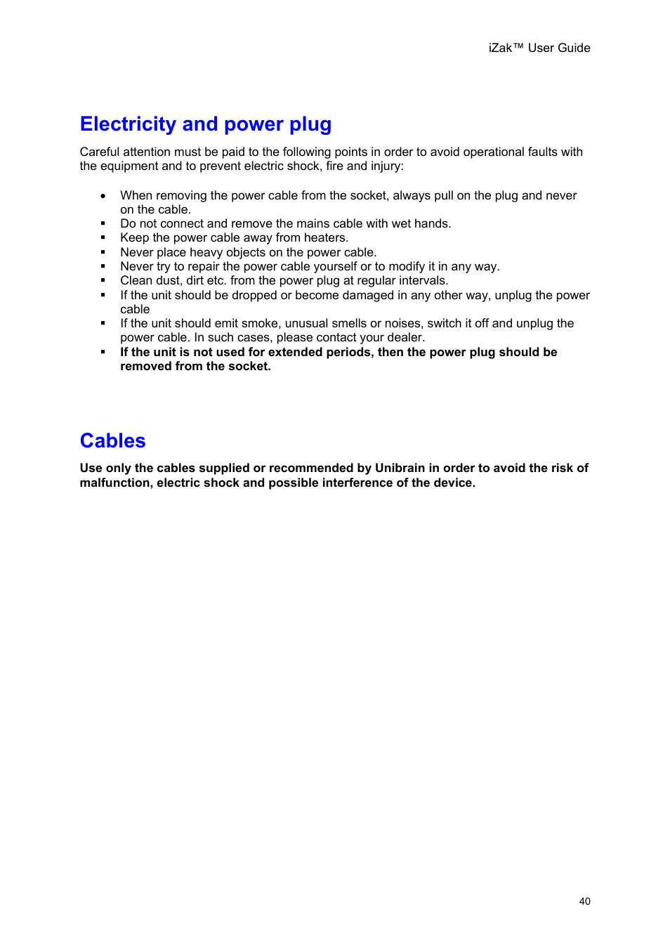 Electricity and power plug, Cables, Lectricity and power plug | Ables | Unibrain iZak User Manual | Page 40 / 42