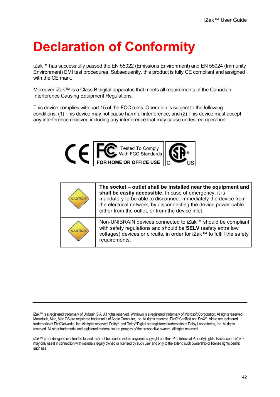 Declaration of conformity | Unibrain iZak User Manual | Page 42 / 42