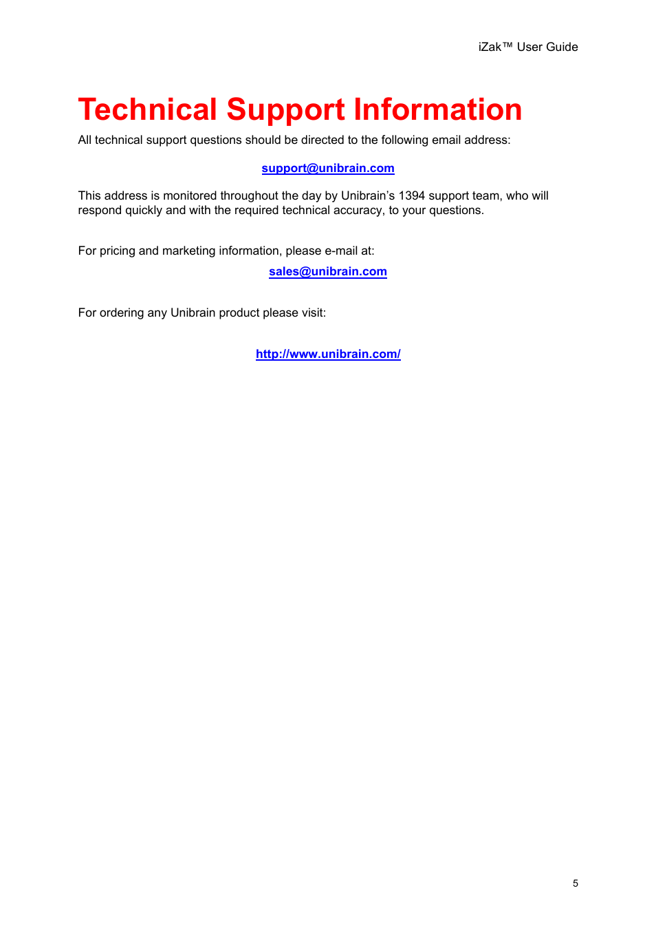 Technical support information | Unibrain iZak User Manual | Page 5 / 42