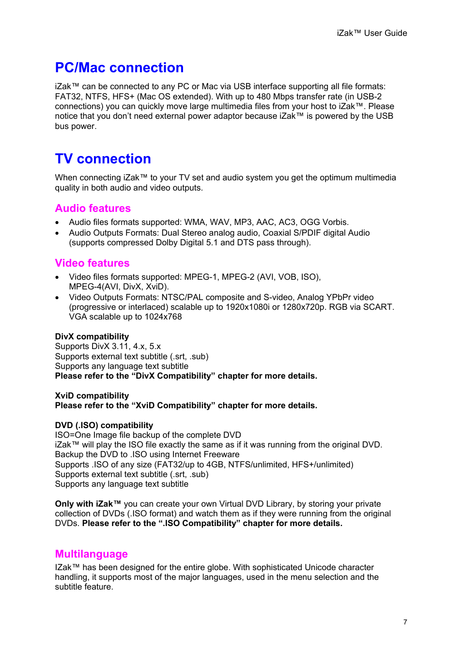 Pc/mac connection, Tv connection, Audio features | Video features, Multilanguage, Pc/m, Ac connection, Connection, Udio features, Ideo features | Unibrain iZak User Manual | Page 7 / 42