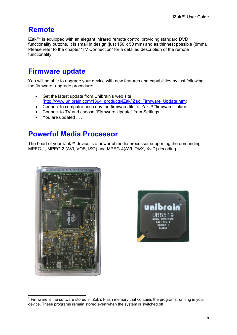 Remote, Firmware update, Powerful media processor | Emote, Irmware update, Owerful, Edia, Rocessor | Unibrain iZak User Manual | Page 8 / 42
