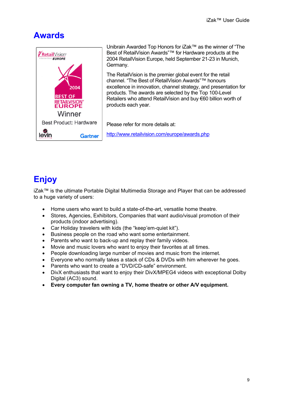 Awards, Enjoy, Wards | Njoy | Unibrain iZak User Manual | Page 9 / 42