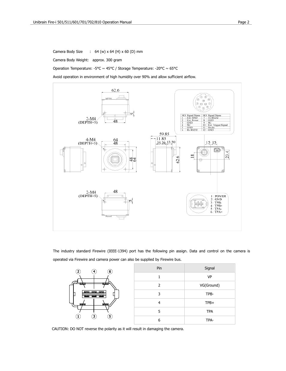 Dimensions and description, Firewire port | Unibrain 501 User Manual | Page 10 / 82