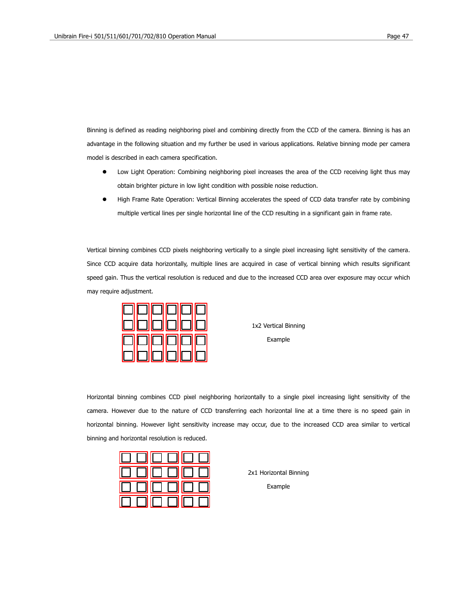 Advanced features, Binning mode, Vertical binning | Horizontal binning | Unibrain 501 User Manual | Page 55 / 82