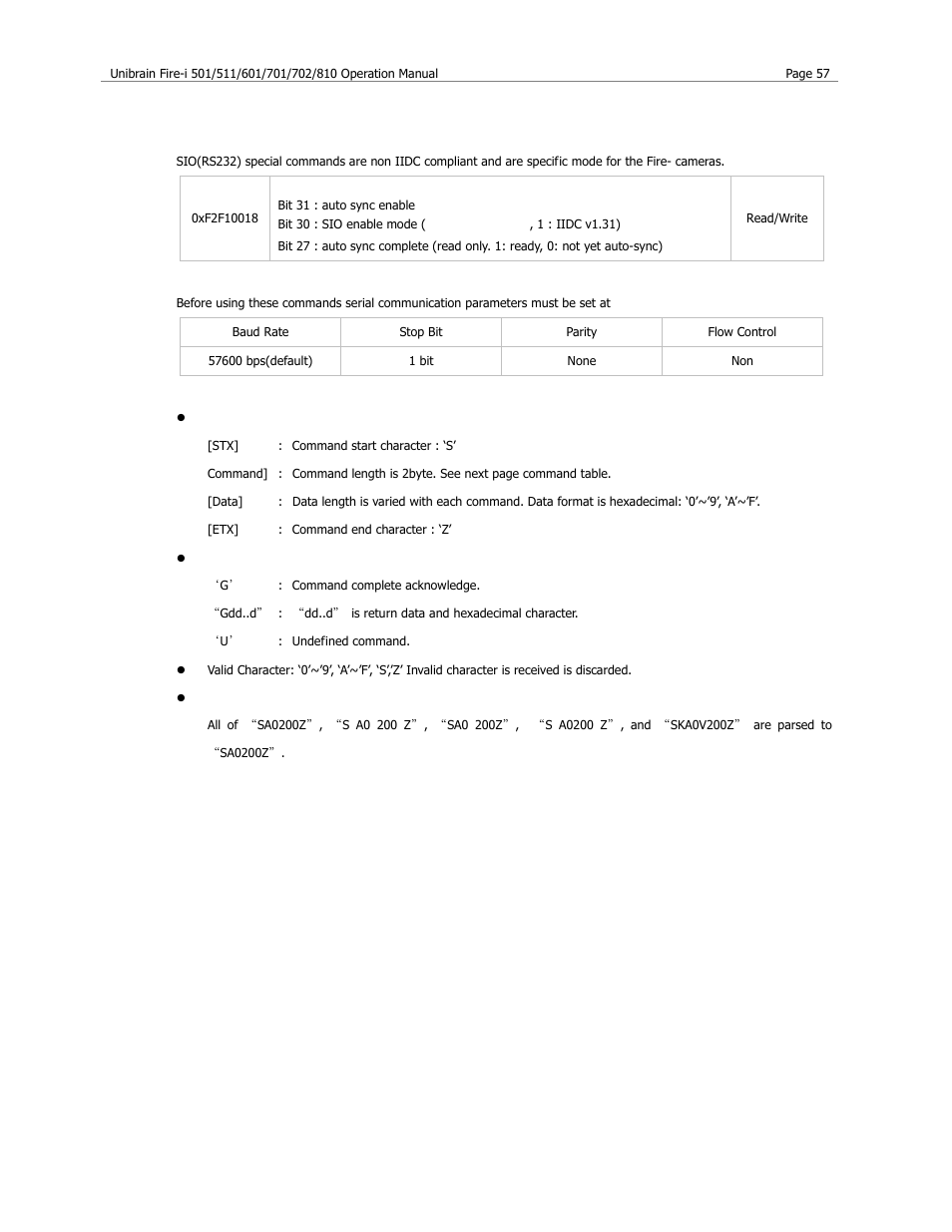 Sio (rs232) special commands | Unibrain 501 User Manual | Page 65 / 82