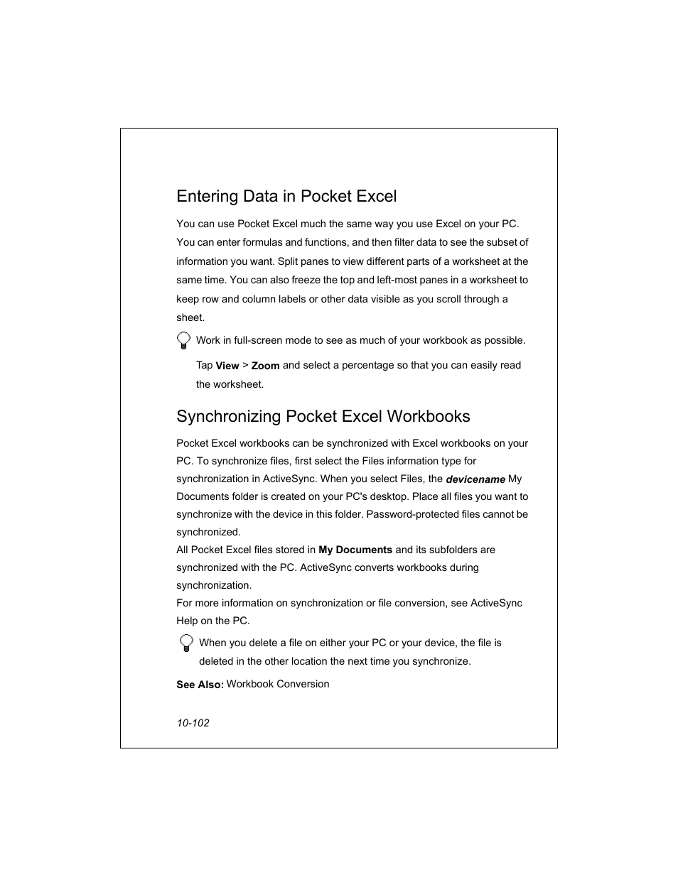 Entering data in pocket excel, Synchronizing pocket excel workbooks | Unitech PA950 User Manual | Page 102 / 204