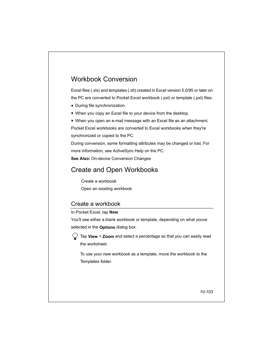Workbook conversion, Create and open workbooks, Create a workbook | Unitech PA950 User Manual | Page 103 / 204