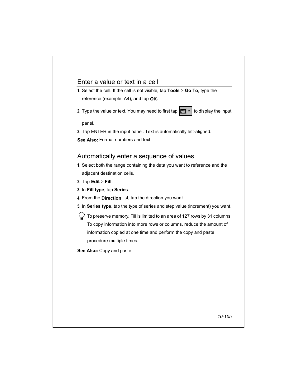 Enter a value or text in a cell, Automatically enter a sequence of values | Unitech PA950 User Manual | Page 105 / 204