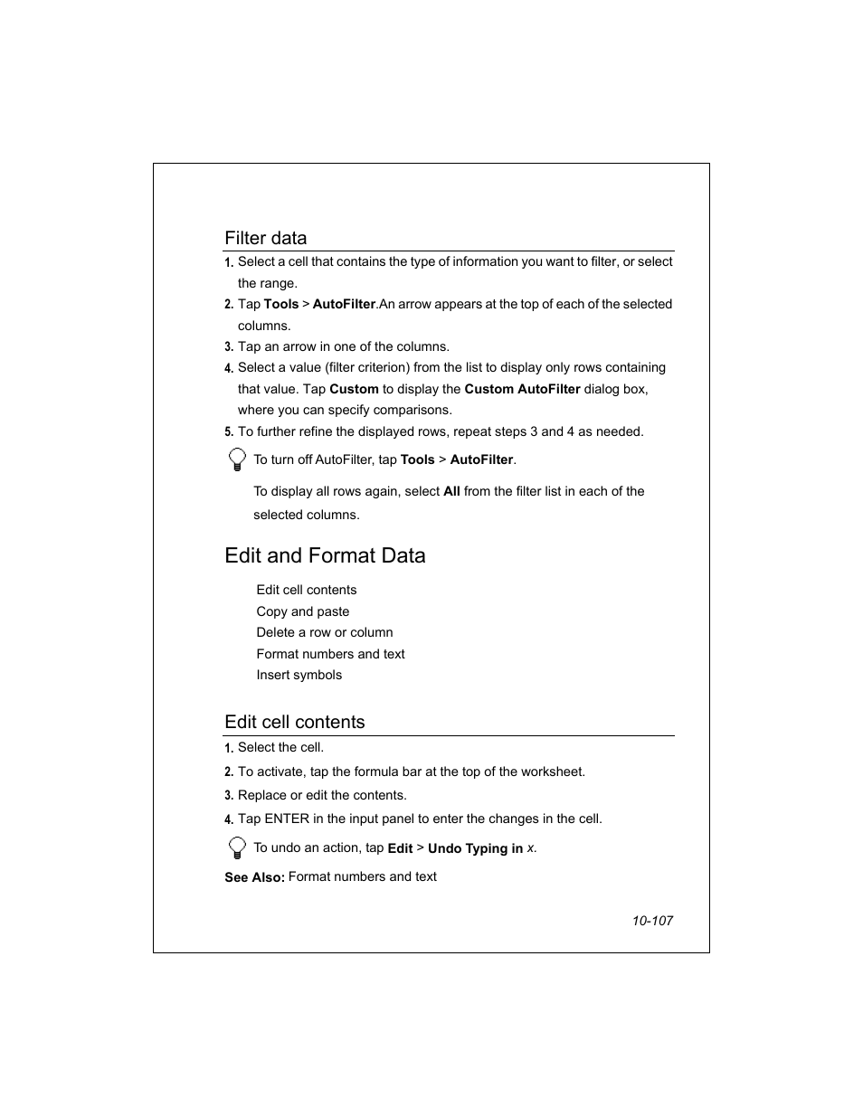 Edit and format data, Filter data, Edit cell contents | Unitech PA950 User Manual | Page 107 / 204