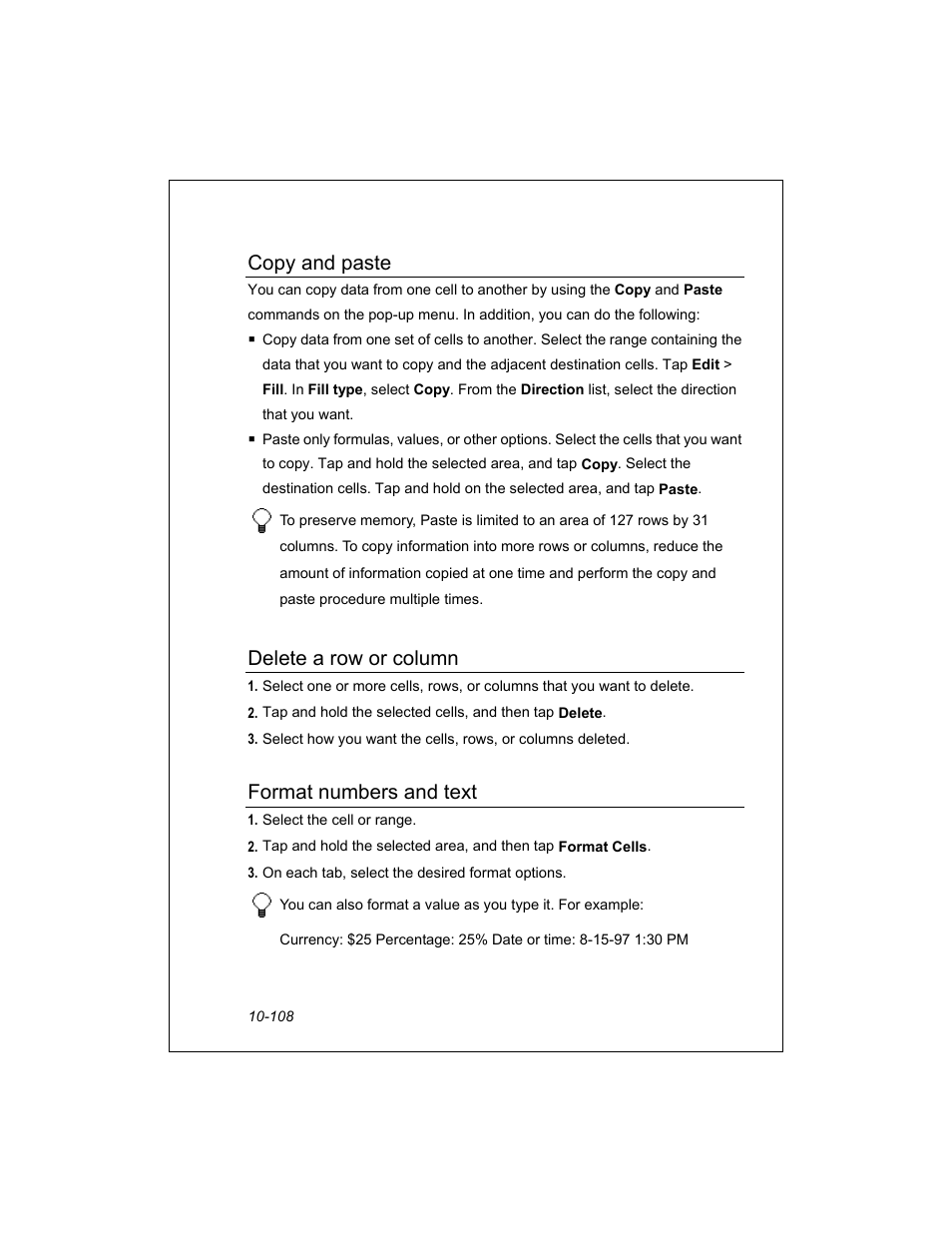 Copy and paste, Delete a row or column, Format numbers and text | Unitech PA950 User Manual | Page 108 / 204