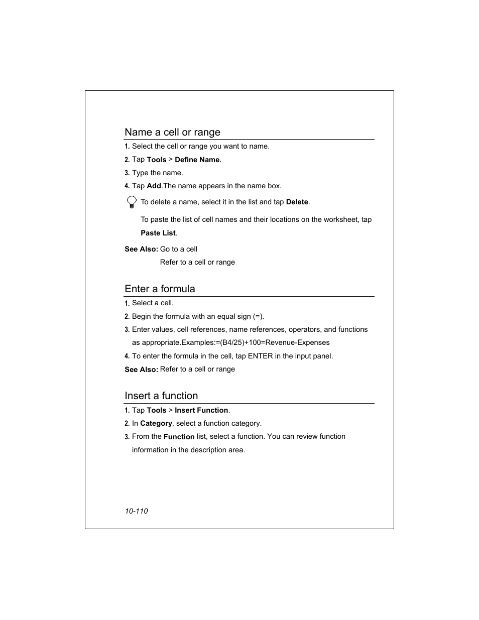 Name a cell or range, Enter a formula, Insert a function | Unitech PA950 User Manual | Page 110 / 204