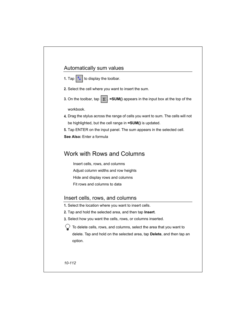 Work with rows and columns, Automatically sum values, Insert cells, rows, and columns | Unitech PA950 User Manual | Page 112 / 204
