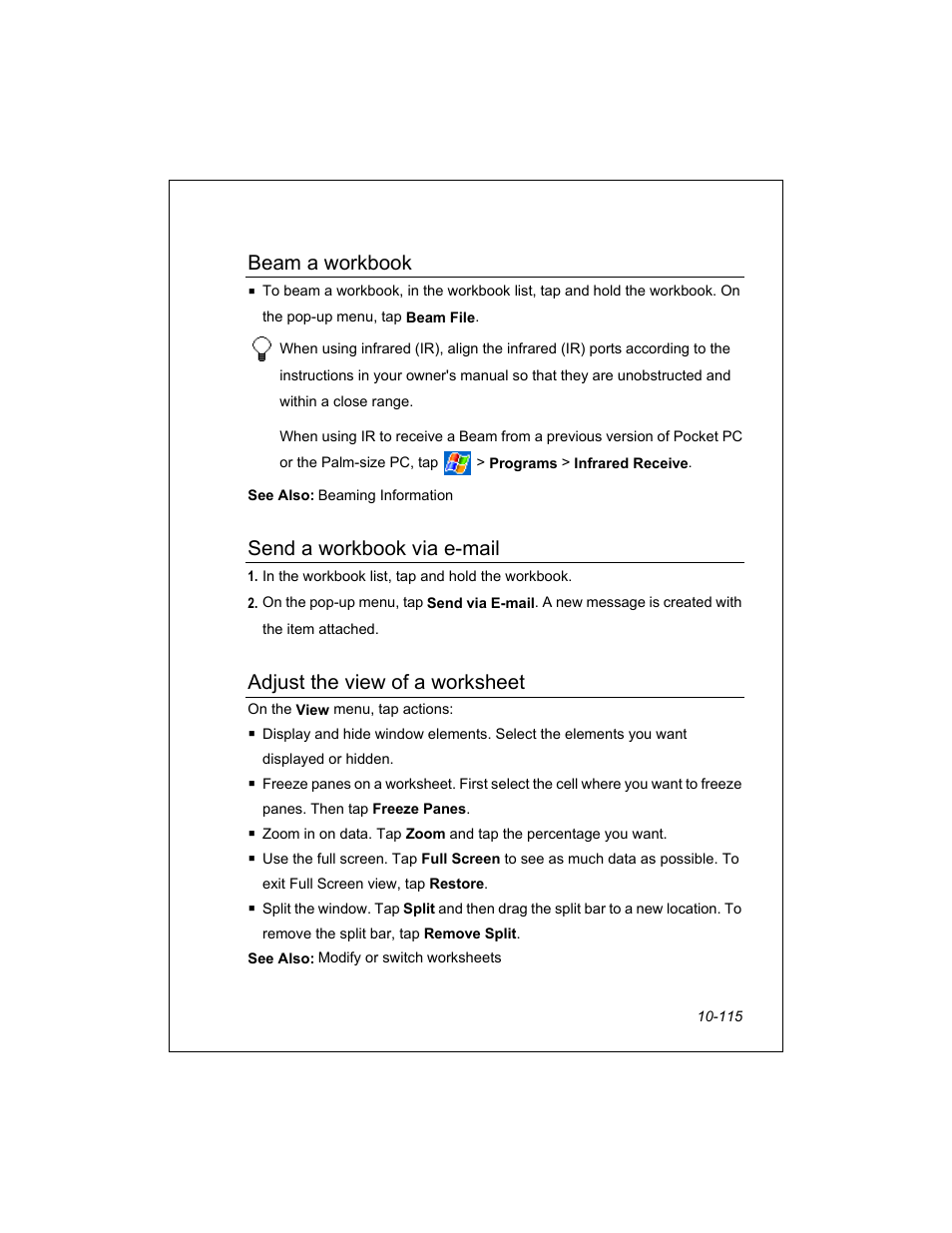 Beam a workbook, Send a workbook via e-mail, Adjust the view of a worksheet | Unitech PA950 User Manual | Page 115 / 204