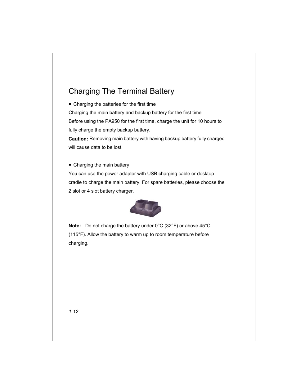 Charging the terminal battery | Unitech PA950 User Manual | Page 12 / 204