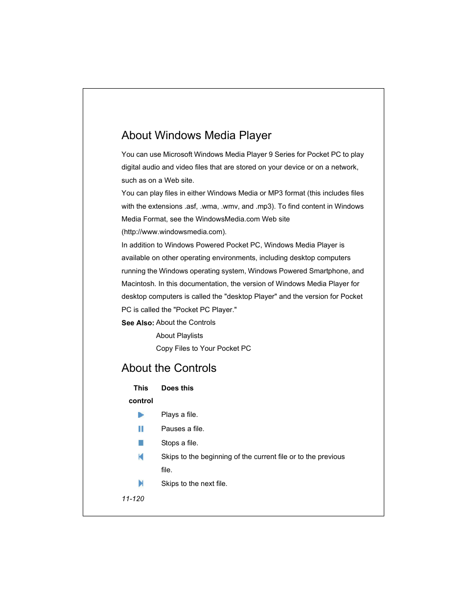 About windows media player, About the controls | Unitech PA950 User Manual | Page 120 / 204