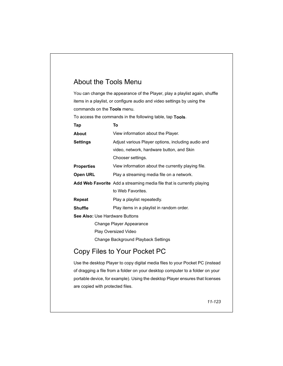 About the tools menu, Copy files to your pocket pc | Unitech PA950 User Manual | Page 123 / 204
